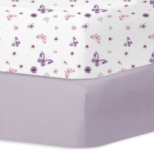 Little Grape Land Crib Sheets for Boys and Girls, 2pk Baby Crib Fitted Sheet for Standard Size Crib and Toddler Mattress, Super Soft Baby Sheet (Purple Butterfly)