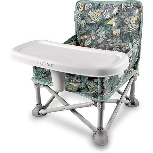 Summer by Bright Starts Pop 'N Sit Portable Booster Chair, Floor Seat, Indoor/Outdoor Use, Compact Fold, Jungle Botanical, 6 Mos - 3 Yrs