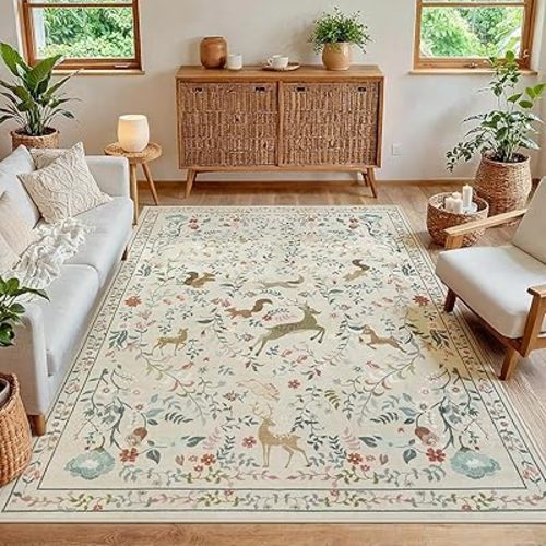 5x7 Area Rugs for Living Room Floral Animal Print Carpet Washable Non-Slip Large Rug Low Pile for Indoor Bedroom Dining Room Nursery Home Office Farmhouse Kids Play Room Beige