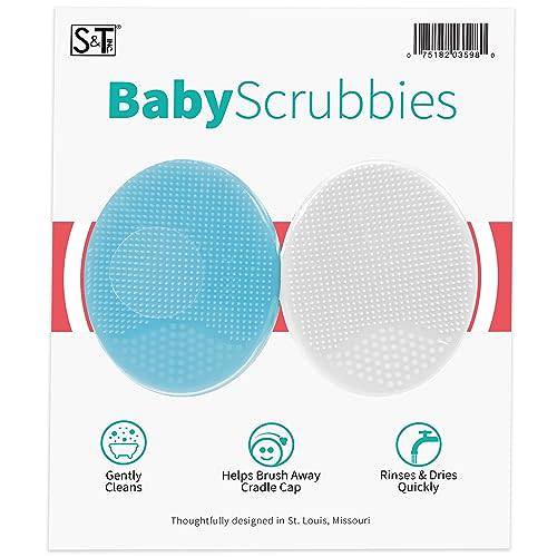 S&T INC. Exfoliating and Massaging Cradle Cap Bath Brushes for Baby, Silicone - 2 Inch x 2.5 Inch, Blue and White, 2 Pack