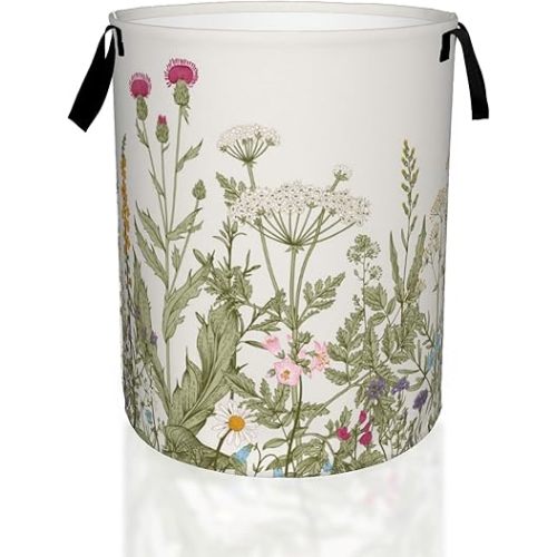 Laundry Hamper, Retro Wild Flowers Botanical Laundry Basket,Waterproof Foldable Storage Bin for Bedroom,Clothes Organizer Basket,Toys Box 16x20 Inch