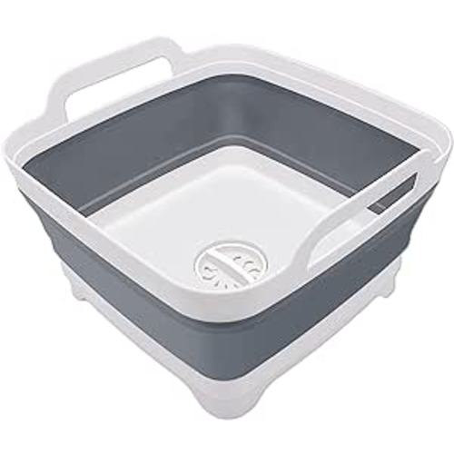 Goderewild 2.4 Gal(9L) Collapsible Dish Basin with Drain Plug, Space Saving Outdoor Multiuse Foldable Sink Tub, Dishpan, Kitchen Storage Tray for Camping, Vegetable Washing, RV - Grey-drain Plug