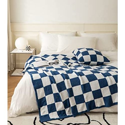Ultra-Soft Buffalo Checkerboard Grid Fluffy Microfiber Knitted Throw Blanket Super Cozy Lightweight Checkered Bed Blanket for Sofa Couch Bed Navy 51"X63"