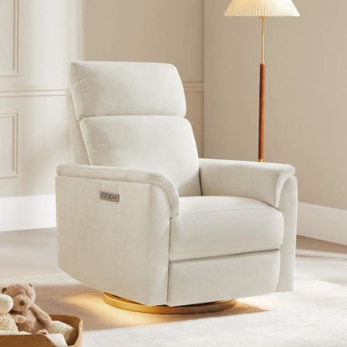 Amos Linen Fabric Swivel Glider Power Recliner Chair with Power Headrest, Nightlight, USB and Type-C Charging Ports