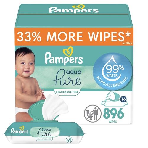 Pampers Baby Wipes Aqua Pure, 99% water-based wipes, Hypoallergenic and Unscented Infant Wipe, 896 Total (16 Flip-Top Packs)