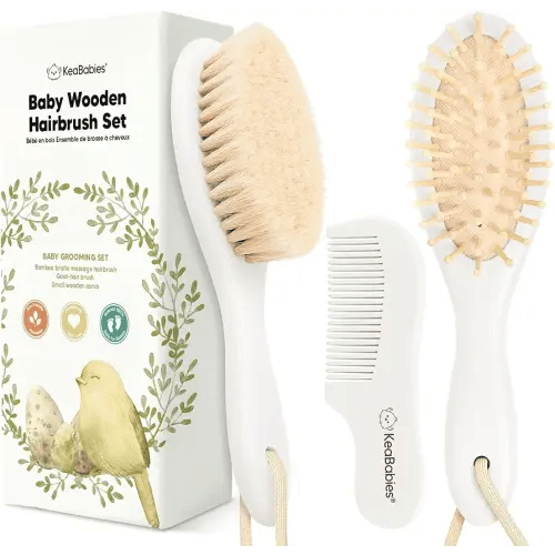 Baby Hair Brush and Comb Set for Newborn - Wooden Baby Hair Brush Set with Soft Goat Bristle, Baby Brush Set for Newborns, Baby Brush and Comb Set Girl, Boy, Toddler Cradle Cap Brush (Oval, Vanilla)