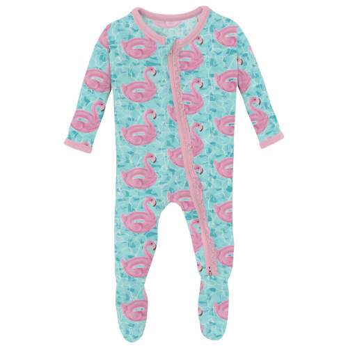 Print Muffin Ruffle Footie with 2 Way Zipper in Pool Party - Flamingo - 6-9 Months