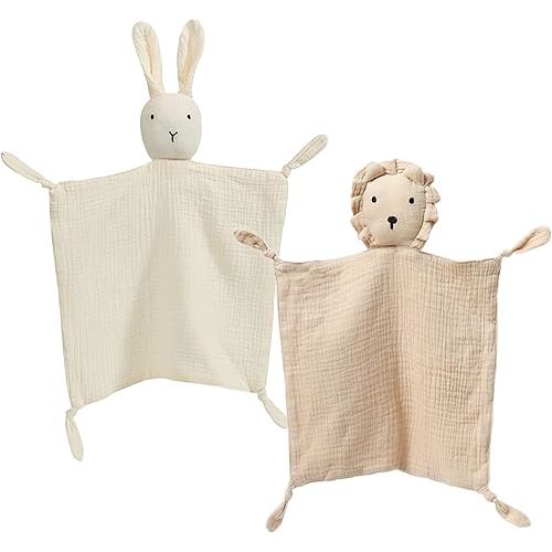 insular Lovey Blanket for Boys and Girls, Organic Cotton Muslin Security Blanket for Babies, Soft Breathable Lovie Soothing Towel for Newborn and Infant, 2 Pcs Set (Beige&Khaki)