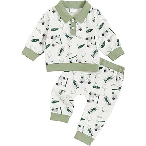 Infant Boy Fall Clothes Golf Cart Buttons Sweatshirt and Pants with Pocket Golf Long Sleeve Toddler Winter Outfit