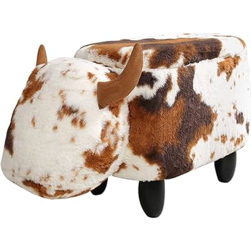GIA Ottoman with Storage, Foot Stand and Wooden Legs, Shorthorn Dairy Cow, Brown and White