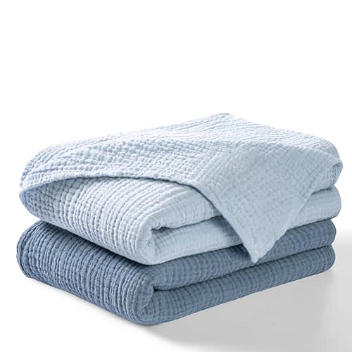 Dreamology Muslin Swaddle Blankets Boys Girls,2 Pack,Receiving Blankets,Soft, Breathable Swaddle Blanket,100% Cotton,Swaddling Wraps for Newborns,44 x 44 Cotton Baby Blanket | Blue and Light Blue