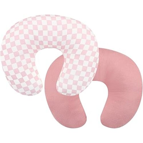 DILIMI Muslin Nursing Pillow Cover 2 Pack, Removable Nursing Cover for Breastfeeding Pillows, Ultra Soft Comfortable Slipcover for Baby Girl and Boy, Pink and Checkered