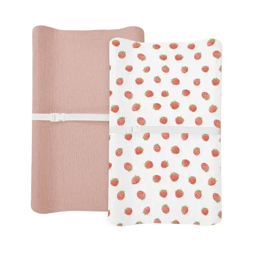 Changing Pad Cover for Baby Boy Girl 2 Pack, Muslin Changing Table Pad Covers with Boho Style, Neutral Nursery Bedding Essentials Soft and Breathable (Strawberry & Pale Pink)