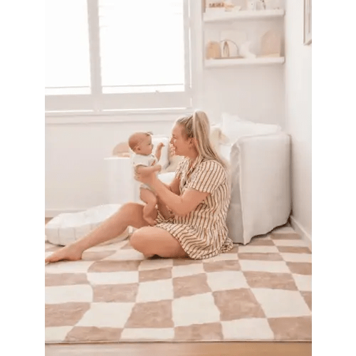 Miss Amara Logan Beige and Ivory Abstract Checkered Washable Rug | Baby Bunting AU