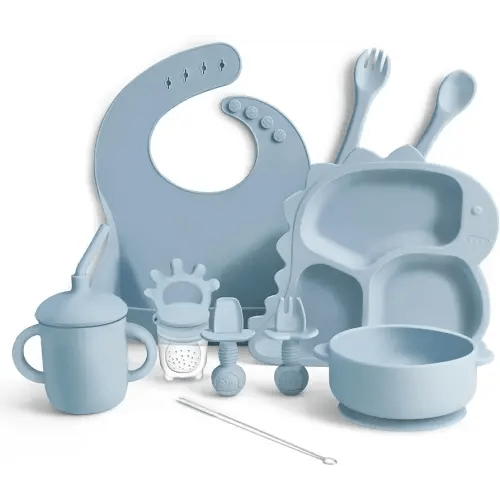 Silicone Baby Feeding Set, 10PCS Toddler Utensils, Baby Led Weaning Supplies with Dinosaur Plate, Bib, Cup, Suction Bowl, Forks, Spoons, Fruit Feeder