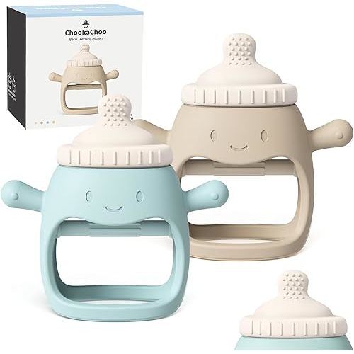 ChooKaChoo 2 Pack Baby Teething Toy for Over 3 Months, Food Grade Silicone Teething Mitten, Anti Dropping Wrist Hand Teethers Baby Chew Toys for Sucking Needs, BPA Free (BabyBottle Blue)