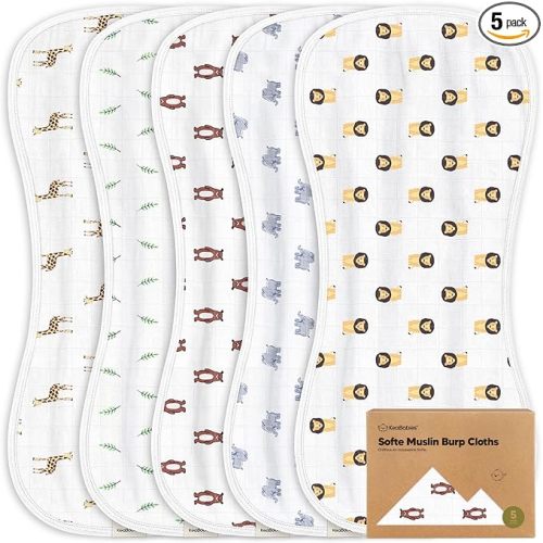 5-Pack Muslin Burp Cloths Baby Boy, Girl - Very Absorbent Baby Burp Cloth Rags, 8-Layers Viscose Derived from Bamboo Cotton Muslin Towel, Super Soft Spit Up Rags, No Shrink Washcloths (The Wild)