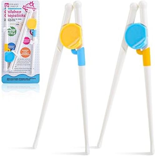 Kids Chopsticks, 2 Pairs Training Chopsticks for Toddler Beginners Baby Children Learning and Practice, Dishwasher Safe, Fun Gift & Stocking Stuffer for Kids, Blue and Yellow