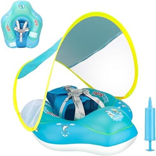 Free Swimming Baby Inflatable Baby Swim Float with Sun Canopy Size Improved Infant Pool Floaties Swimming Pool Toys for The Age of 3-36 Months