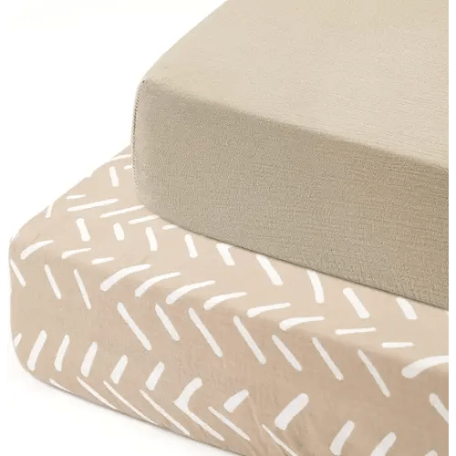 GRSSDER Soft Muslin Crib Sheet 2 Pack, 100% Cotton Crib Sheets for Boys and Girls, Fit Standard Crib Mattresses 52" x 28" Safe and Snug, Taupe/Stripe