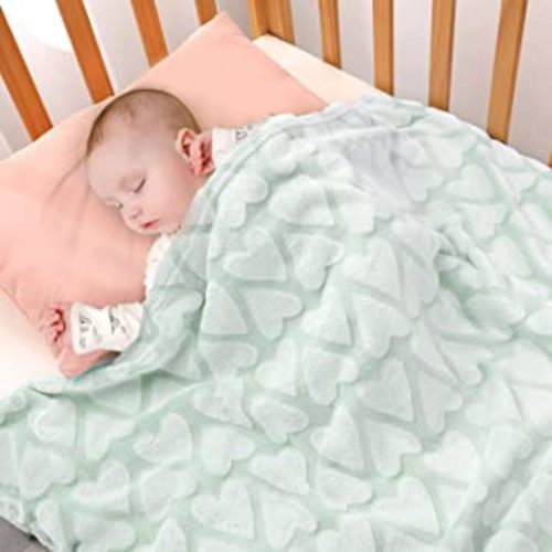 Bertte Plush Baby Blanket for Boys Girls | Swaddle Receiving Blankets Super Soft Warm Lightweight Breathable for Infant Toddler Crib Stroller - 33"x43" Large, Green Hearts Embossed