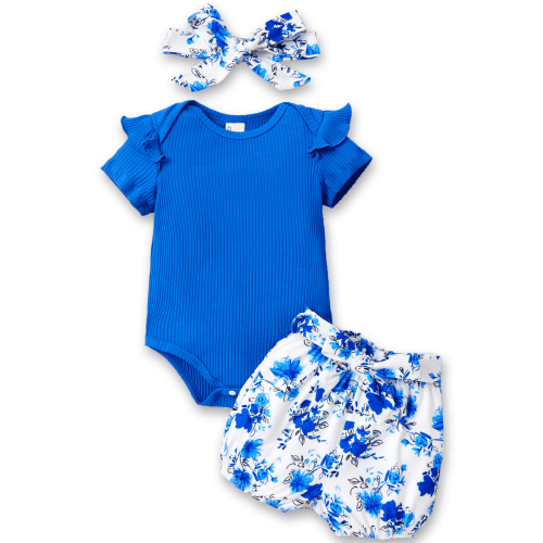 PatPat Baby Girl Summer Clothes 3Pcs Set Ruffle Sleeve Bodysuit Floral Shorts Headband Gift Outfit