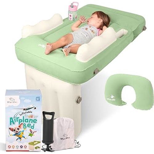 Toddler Airplane Bed - Inflatable Kids Air Plane Bed w/Child Neck Cushion, Safety Belt, Carry Bag, Fast-Pump, Cup Holder & Storage Pocket - for Toddlers Flight Sleep (Sage Green)