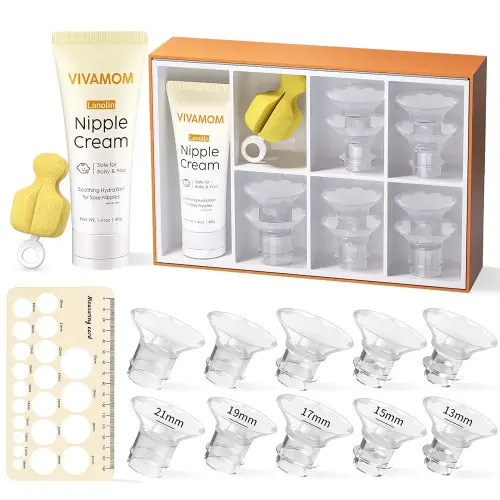 Flange Sizing Kit with Flange Inserts 10PCS & Lanolin Nipple Cream & Nipple Ruler, Silicone Breast Pump Flange Insert for Comfortable Pumping, 13/15/17/19/21mm for 24mm Pumps, Breastfeeding Essential