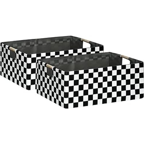 Checkered Storage Basket Foldable Nursey Box | 16.9" Storage Cube for Women Closet Organizer Boys Car Toys Bins with Handles | Sturdy Cardboard & Washable Fabric 2Pack