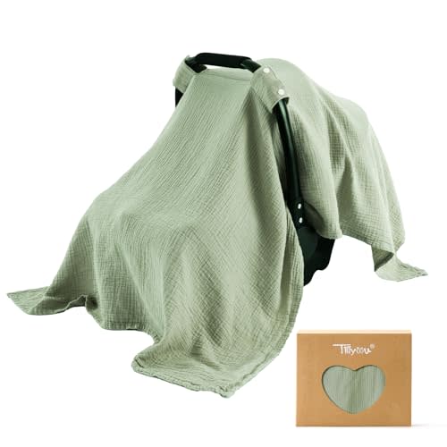 TILLYOU Baby Car Seat Cover, Breathable Muslin Cotton Infant Car Seat Cover, Lightweight Canopy with Sun and Bug Protection(Green)