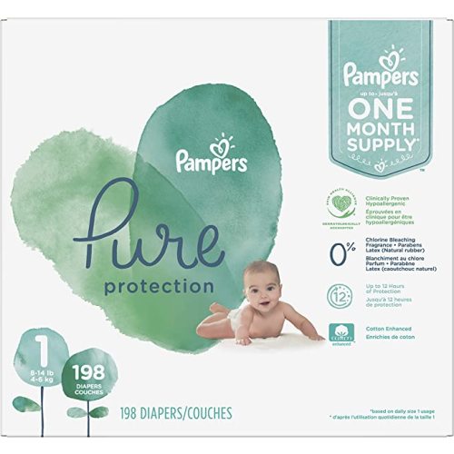 Diapers Size 1, 198 Count - Pampers Pure Protection Hypoallergenic Disposable Baby Diapers for Sensitive Skin, Fragrance Free, (Packaging May Vary)