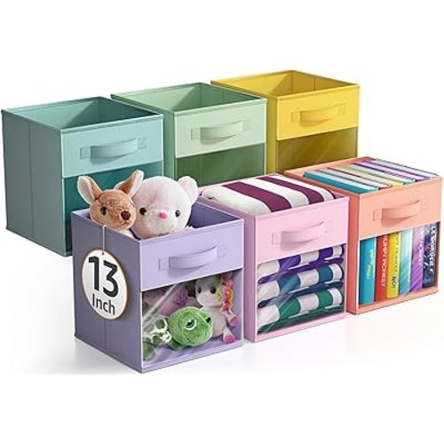 Sorbus 13 Inch Storage Bins with Clear Window - 6 Foldable Baskets for Organizing Clothes, Toys, Books - Sturdy Collapsible Fabric Storage Cubes with Handle - Storage Baskets for Shelves, Closets