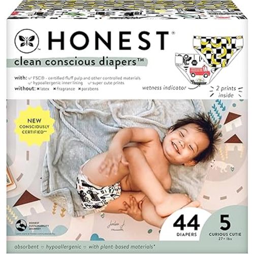 The Honest Company Clean Conscious Diapers for Sensitive Skin | Hypoallergenic, Fragrance Free | Gender Neutral Prints | Club Box, Size 5 (27+ lbs), 44 Count