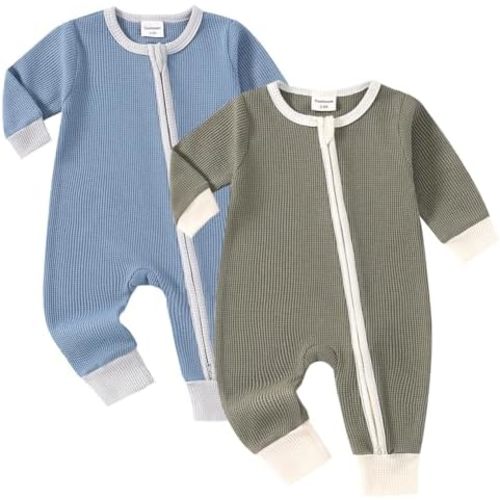 Baby 2 Pack Rompers Long Sleeve Waffle Two Way Zipper One-Piece Romper Cotton Jumpsuit Outfits