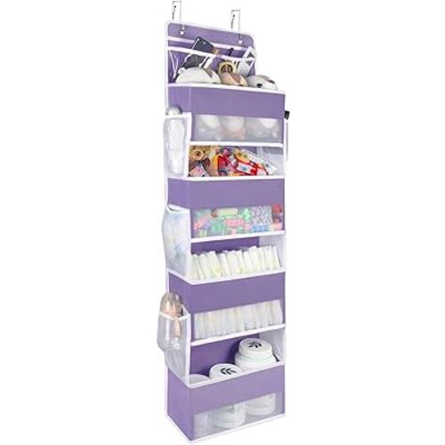Univivi Over Door Hanging Organizers and Storage Nursery Closet Cabinet Baby Storage with 4 Large Compartments 2 Small PVC Pockets with 6 Side Pockets for Cosmetics, Toys and Sundries (Purple)