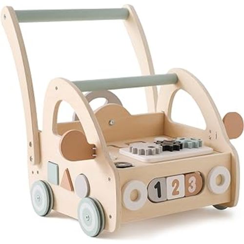 IEATFO Baby Push Walker, Wooden Baby Walker Push Toy for Baby Boy and Girls with Car Shape, Stand Up Push Walker for Baby Learning to Walk, Toddler Multiple Activities Center for Christmas Gifts