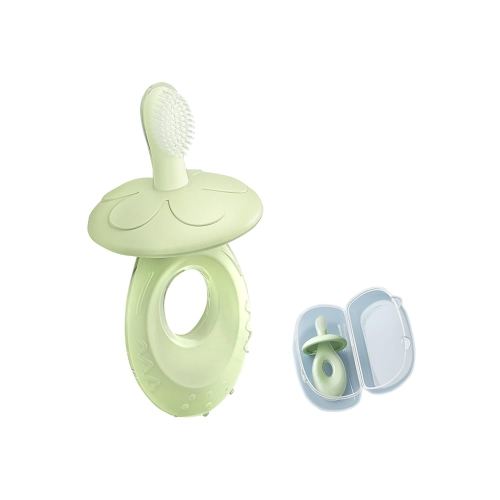Baby Toothbrush & Teether for Infant and Toddler, Silicone Teething Relief, Baby Tongue Cleaner, Ultra Soft Bristle Infant Toothbrush with Storage Case, BPA Free, Adjustable Safety Shield - Green