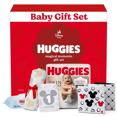 Huggies Disney Magic Baby Gift Set: Size 1 Diapers, Baby Wipes, Tummy Time Book, Milestone Markers & Mickey Mouse Muslin Cloth - 5ct