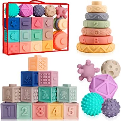 Baby Toys 6 to 12 Months, 3 in 1 Montessori Toys, Colorful Soft Stacking Blocks, Sensory Toys & Stacking Rings with Patterns, Numbers, Early Development Learning Toys for 6-12-18 Months Infant Toddler