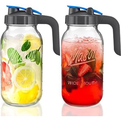 2 Pack 64 oz Sun Tea Pitcher, Half Gallon Mason Jar Pitcher with Wide Mouth Airtight Lid for Ice Tea, Cold Brew Coffee, Fridge Water, Breast Milk, Juices, Leak Proof