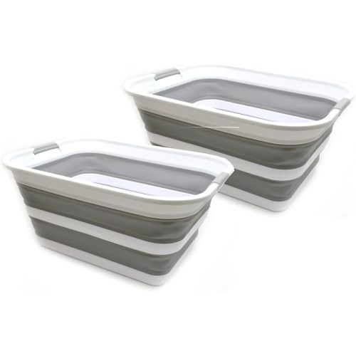 SAMMART 42L Set of 2 Collapsible Plastic Laundry Basket - Foldable Pop Up Storage Container/Organizer - Portable Washing Tub - Space Saving Hamper/Basket (Grey, 2)