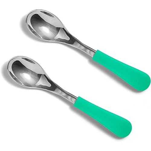 Avanchy Baby Spoons, Forks Stainless Steel and Silicone Set, Self Feeding Food Utensils, 4 Months Baby Led Weaning