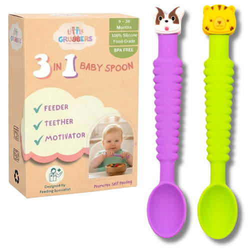 Little Grubbers 3 in 1 Baby Spoon, Teether for Toddler Infant Kids Aged 6+ Months, Food Grade Silicone Self Feeding, Teething, Training Utensil, 2 Pack (Dog + Tiger)