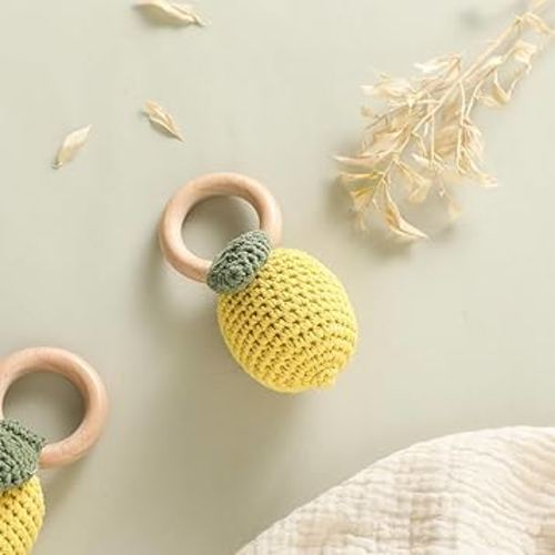 Wooden Baby Rattle Crochet Lemon Baby Toy Handmade Newborn Toy Early Development Grip Organic Rattle (Lemon)