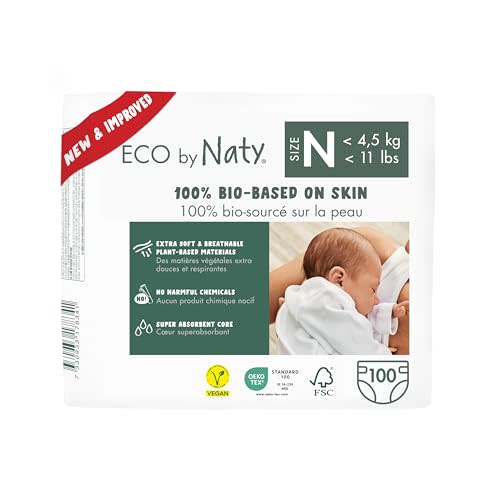 Eco by Naty Eco-Friendly Baby Diapers Newborn - 100% Plant-Based Materials on Skin, Extra Soft, for Sensitive Skin & Super Absorbent (Size N, 100 Count)