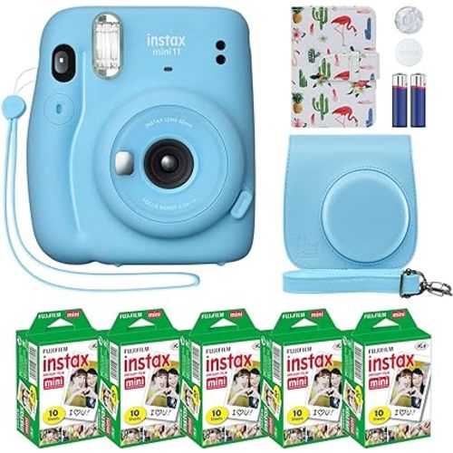Fujifilm Instax Mini 11 Instant Camera Sky Blue + Custom Case Fuji Film Value Pack (50 Sheets) Flamingo Designer Photo Album for instax Photos