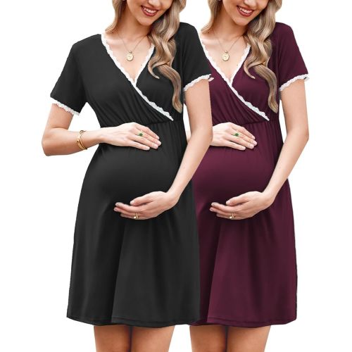 Ekouaer Nursing Nightgown 2 Packs Delivery and Labor Gown for Hospital Short Sleeve Maternity Breastfeeding Dress