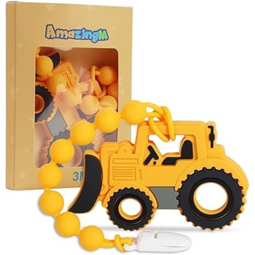 Baby Food Grade Silicone Carrier Vehicle Teether Toy with One Piece Design Pacifier Clip Holder,Teething Pain Relief Toys Gift Set for 3 Months+ Boys and Girls,Freezer Safe,BPA Free. (Bulldozer)