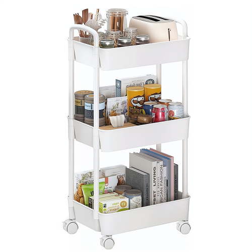 3-Tier Rolling Storage Cart Shelves Rolling Utility Cart Organizer Cart Movable Storage Organizer Bathroom Kitchen Office Workshop White