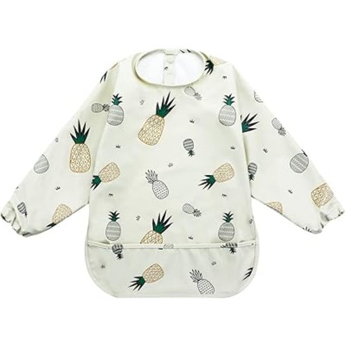 Baby Mess Proof Sleeved Bib, Reusable & Waterproof Bib with Food Catcher for Toddles (6-24 Months) - Pineapple